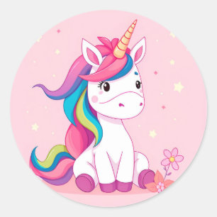 Sticker Rond Licorne de dessin animé adorable avec crinière arc