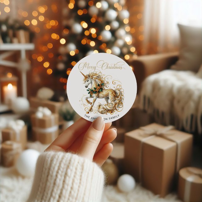 Sticker Rond Licorne de Noël élégante blanche et or (Créateur téléchargé)