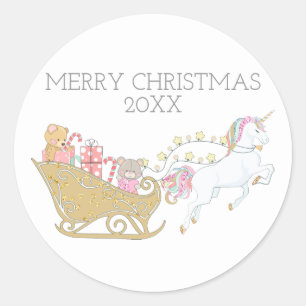 Sticker Rond Licorne de Noël pastel au traîneau du Père Noël bl