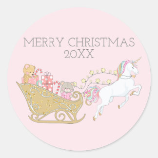 Sticker Rond Licorne de Noël pastel rose traîneau du Père Noël