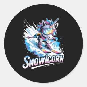 Sticker Rond licorne de ski sport d'hiver skieur drôle de ski