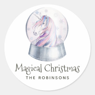 Sticker Rond Licorne de vacances d'hiver à paillettes aquarelle