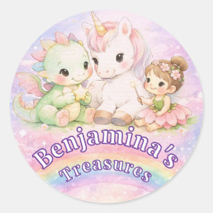 Sticker Rond Licorne Dragon Fée Amis Fantastiques Arc-en-Ciel M