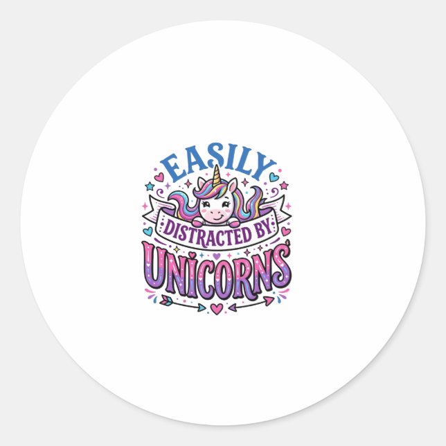 Sticker Rond Licorne facilement distrait par la publicité de li (Devant)