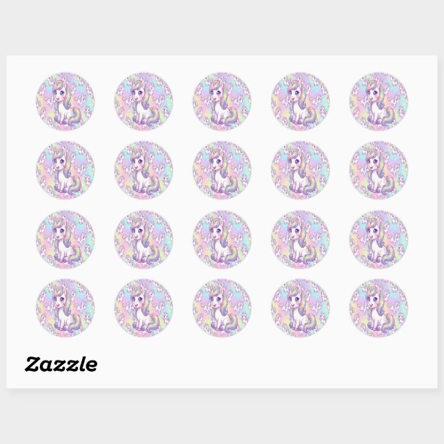 Sticker Rond Licorne Kawaii Pastel Arc-en-ciel Magique (Feuille)