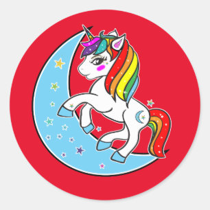 Sticker Rond Licorne Lune et Étoiles Céleste Arc-en-Ciel