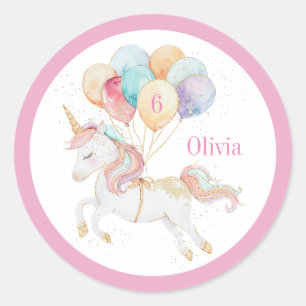 Sticker Rond Licorne Magique avec Ballons Arc-en-Ciel Nom & Âge