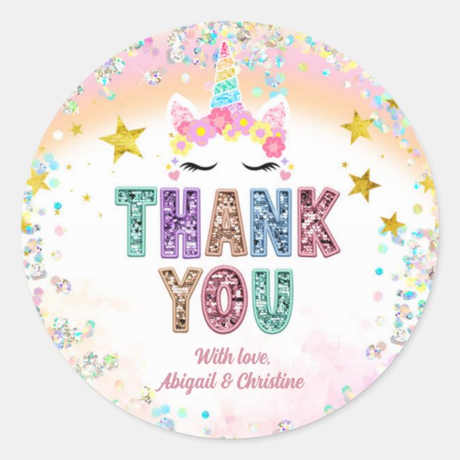 Sticker Rond Licorne Merci Paillettes Pastel (Devant)
