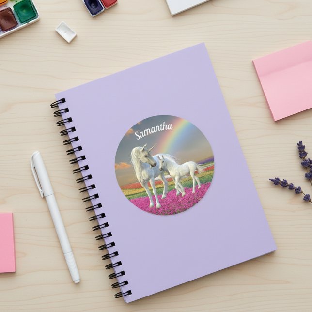 Sticker Rond Licorne Mère et Bébé Arc-en-Ciel (Créateur téléchargé)