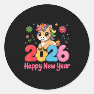 Sticker Rond Licorne Mignonne 2026 Année du Cheval Bonne Année