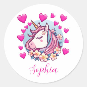 Sticker Rond Licorne Mignonne, Cœurs Roses & Fleurs, Nom Person