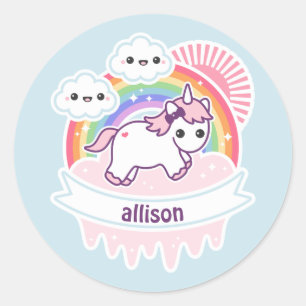 Sticker Rond Licorne mignonne d'arc-en-ciel avec des nuages