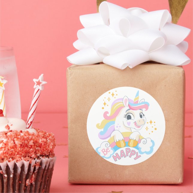 Sticker Rond Licorne mignonne Soyez Heureux (Fête)