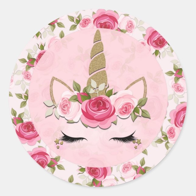 Sticker Rond Licorne Or Fleurs Roses Fleuris Mignon Tendance (Devant)