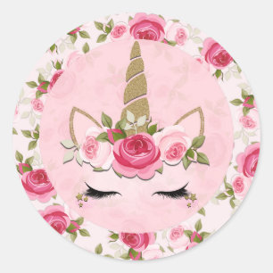Sticker Rond Licorne Or Fleurs Roses Fleuris Mignon Tendance
