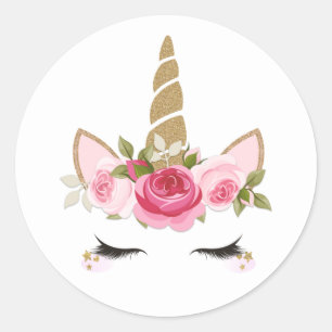 Sticker Rond Licorne Or Rose Floral Mignon Branché Classique Ro