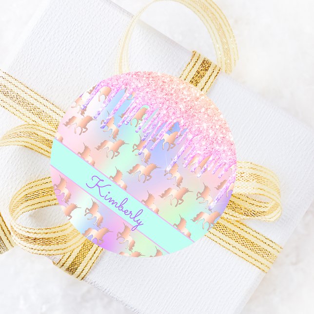 Sticker Rond Licorne paillettes rose irisé or rose anniversaire (Créateur téléchargé)