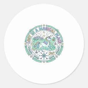 Sticker Rond Licorne perdue dans un endroit magique Impression