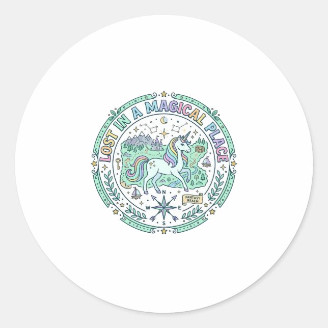 Sticker Rond Licorne perdue dans un endroit magique Impression  (Devant)