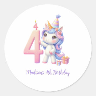Sticker Rond Licorne personnalisée 4ème anniversaire des filles