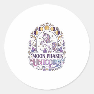 Sticker Rond Licorne Phases de Lune Licorne sur Fond Blanc Chem