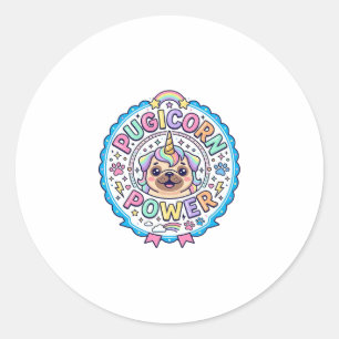 Sticker Rond Licorne Pugicorn Puissance Drôle Cadeau Mignon Con