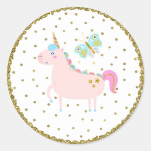 Sticker Rond Licorne Rose et Or Pailletée Fête d'Anniversaire p