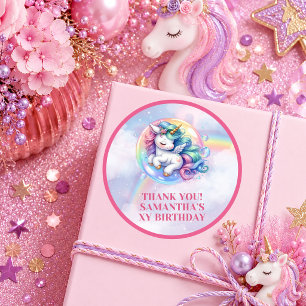 Sticker Rond Licorne Rose Rose Rêveuse Fille Anniversaire Sti