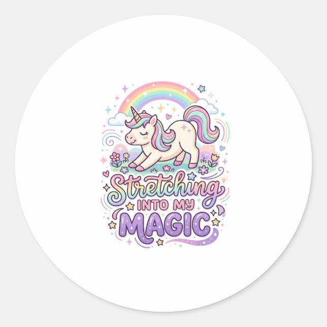 Sticker Rond Licorne s'étirant dans ma typographie audacieuse m (Devant)