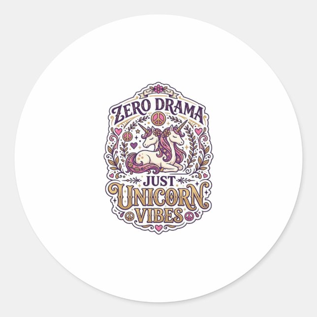 Sticker Rond Licorne Zéro Drame Juste Licorne Vibes Élégant Bla (Devant)