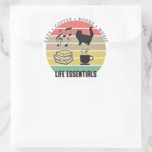Sticker Rond Life Essentials Chats, Café, Livres, Musique Vinta