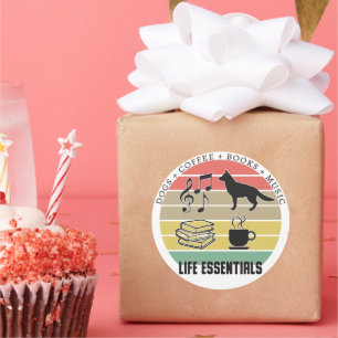 Sticker Rond Life Essentials Chiens, Café, Livres, Musique Vint