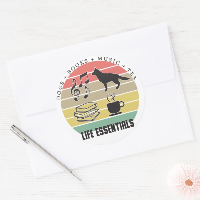 Sticker Rond Life Essentials Chiens, Thé, Livres, Musique Vinta (Enveloppe)