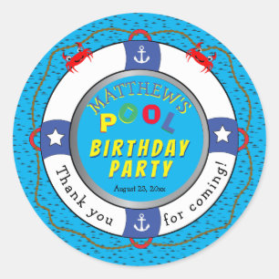 Sticker Rond Life Preserver Boy Birthday Pool Party