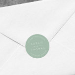 Sticker Rond Light Sage Mariage Adresse de retour Moderne<br><div class="desc">Cet autocollant d'adresse de retour mariage présente les noms du couple mariage et l'adresse en blanc contre une couleur de sauge légère. Consultez les éléments mariages correspondants ici https://www.zazzle.com/collections/peach_layered_geometric_light_sage_wedding-119919264900833968 Personnalisez-le en remplaçant le texte de l'espace réservé. Pour plus d'options comme changer la police, sa taille et l'espacement entre les lettres...</div>