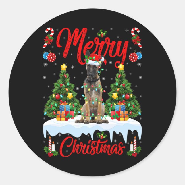 Sticker Rond Lights Xmas Tree Santa Belgian Malinois Dog Christ (Devant)
