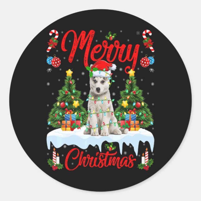 Sticker Rond Lights Xmas Tree Santa Siberian Husky Dog Christma (Devant)