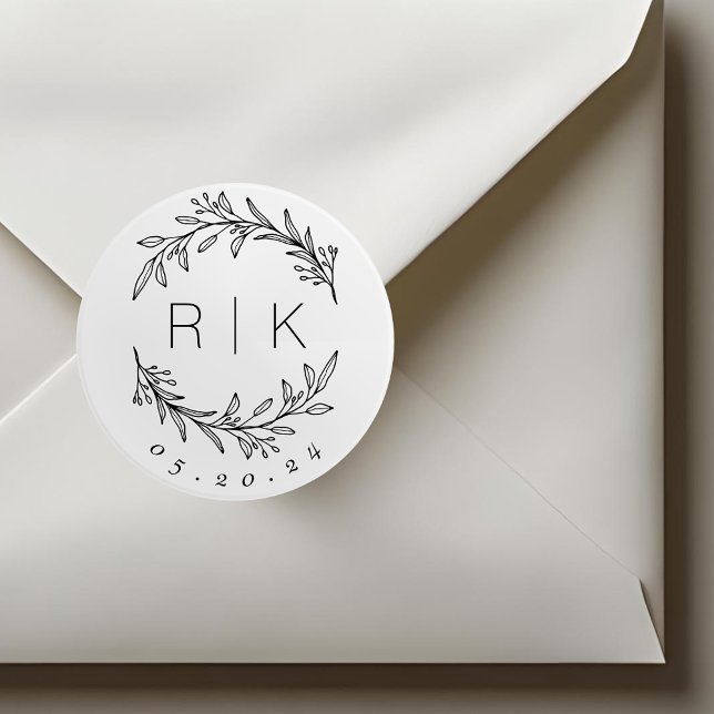 Sticker Rond Ligne Art Botanique Mariage de couronne Monogramme (Créateur téléchargé)