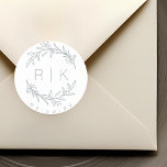 Sticker Rond Ligne Bleue Art Botanique Mariage de couronne Mono<br><div class="desc">Autocollants monogrammes mariages sur mesure avec élégante couronne botanique bleu poussiéreux à la main,  avec initiales du couple et date du mariage. Parfait pour le mariage,  sauvez les dates,  enveloppes,  emballages de mariage et plus encore.</div>