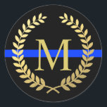 Sticker Rond Ligne Bleue Mince Monogramme Faux Gold Wreath Poli<br><div class="desc">Un faux autocollant de monogramme de police en feuille d'or pour vos besoins créatifs.</div>