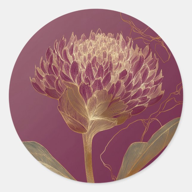 Sticker Rond Ligne de fleurs botaniques Deep Red Gold (Devant)
