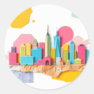 Sticker Rond Ligne Skyline de la ville de collage papier