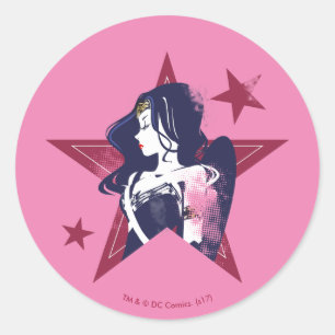 Sticker Rond Ligue de Justice   Wonder Woman & Stars Pop Art