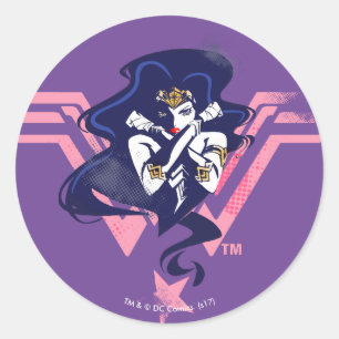 Sticker Rond Ligue de Justice   Wonder Woman & Symbol Pop Art
