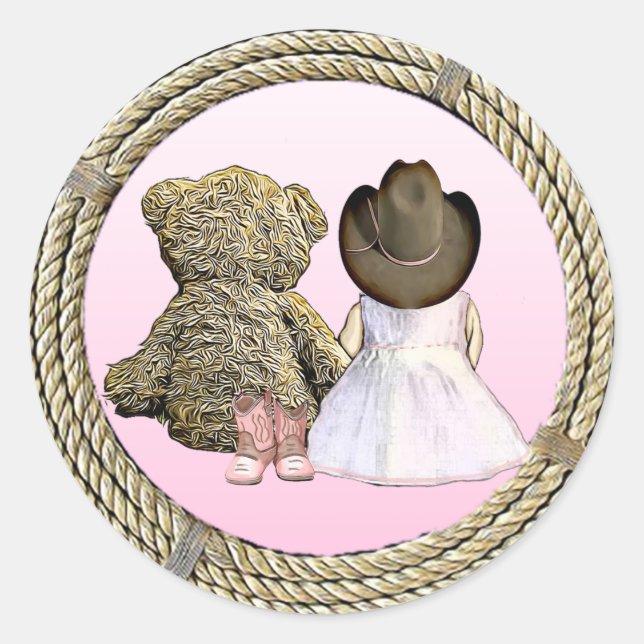 Sticker Rond Lil' Cowgirl | Baby shower rose (Devant)