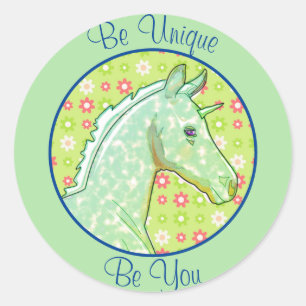 Sticker Rond Lil Green Palomino Unicorn (vert avec fleurs)