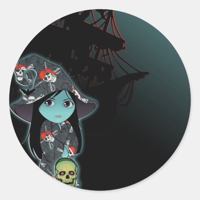 Sticker Rond Lil' Witch in Pirate Skull Robe Halloween (Devant)