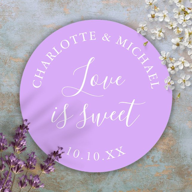 Sticker Rond Lilac Amour Est Douce Faveur De Mariage  (Lilac Love Is Sweet Wedding Favor Classic Round Sticker)