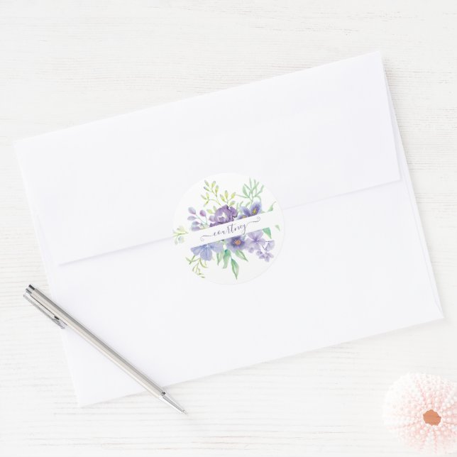 Sticker Rond Lilac aquarelle florale personnalisée (Enveloppe)