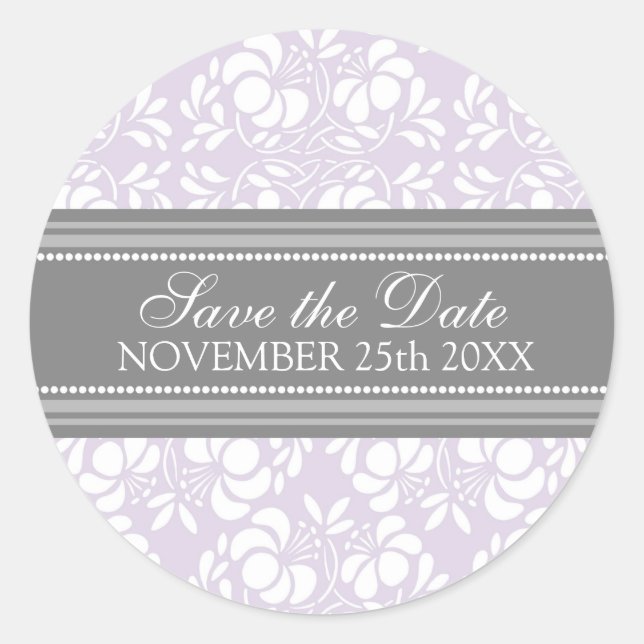 Sticker Rond Lilac Damask Enregistrer la date Enveloppe Sceau (Devant)